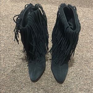 Zara Black Heeled Boots with Fringe Detail
